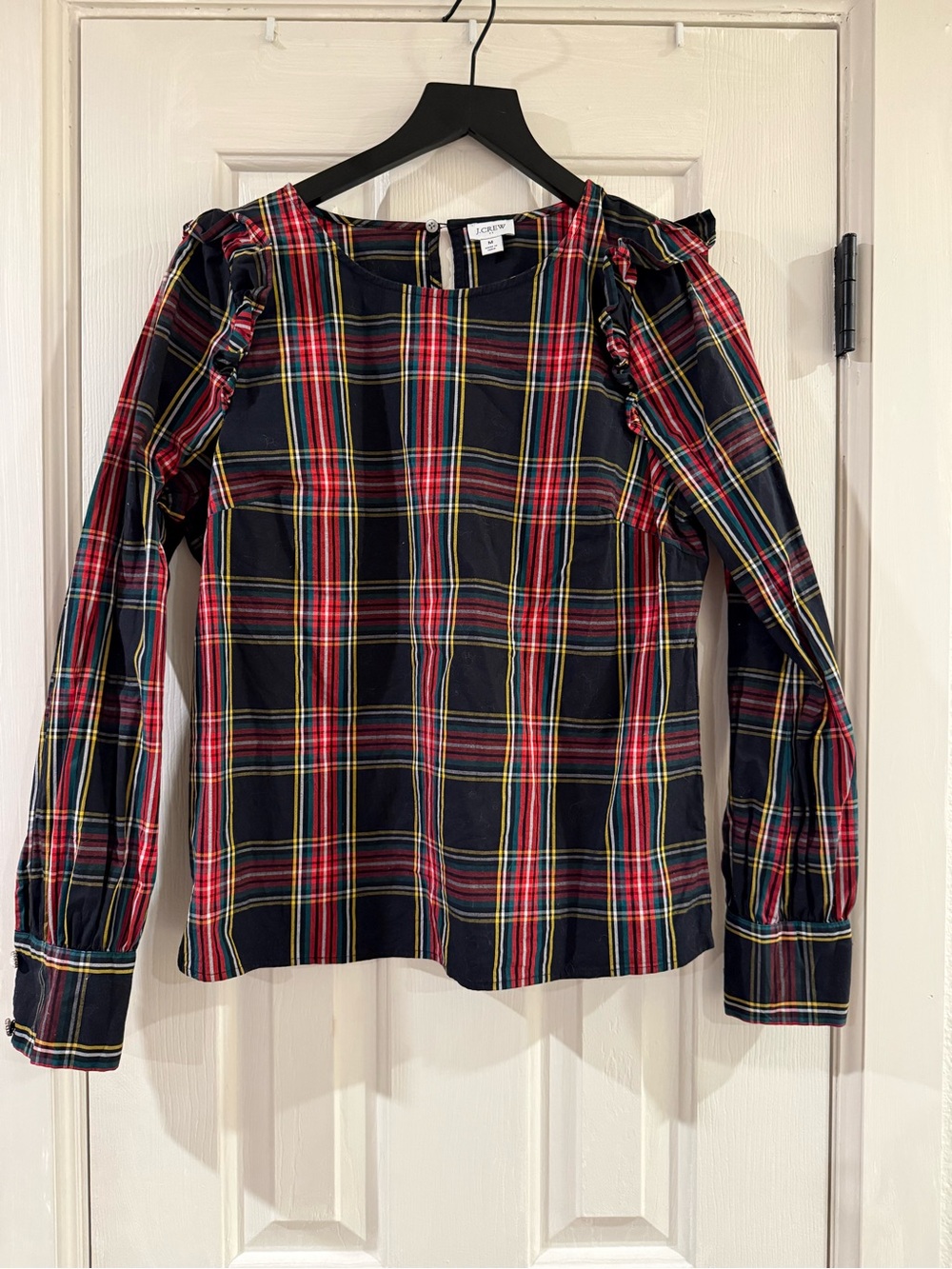 J.Crew Black Tartan Plaid Ruffle Shoulder Long Sleeve Blouse Size M